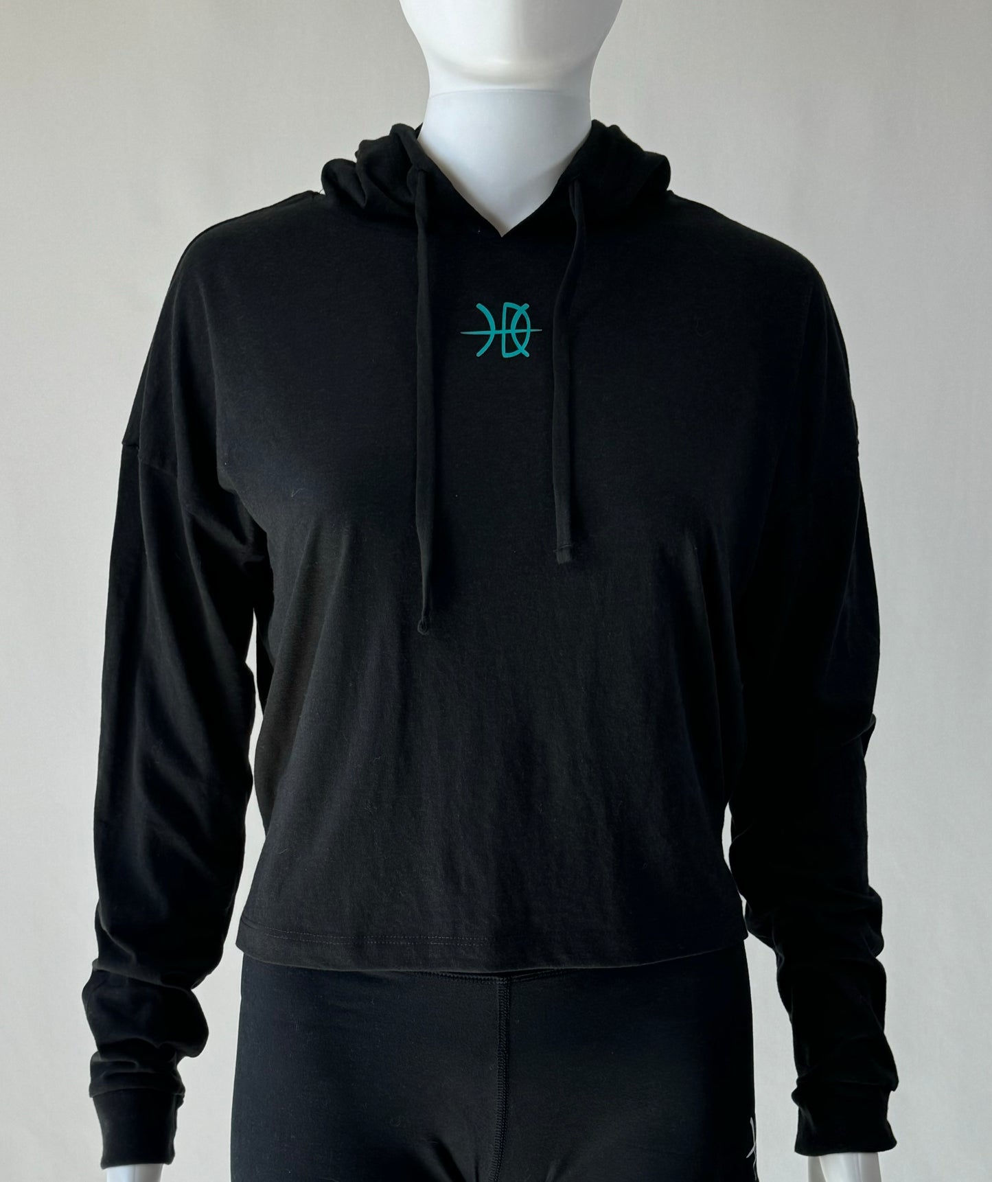 Women's Crop Long Sleeve Black/Teal Hoodie