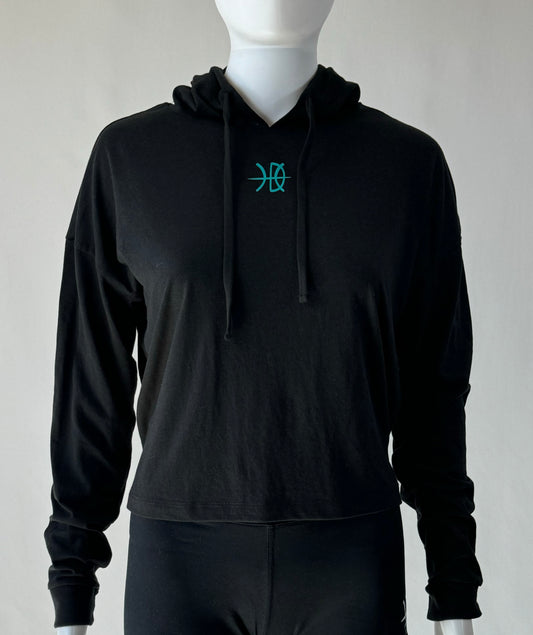 Women's Crop Long Sleeve Black/Teal Hoodie