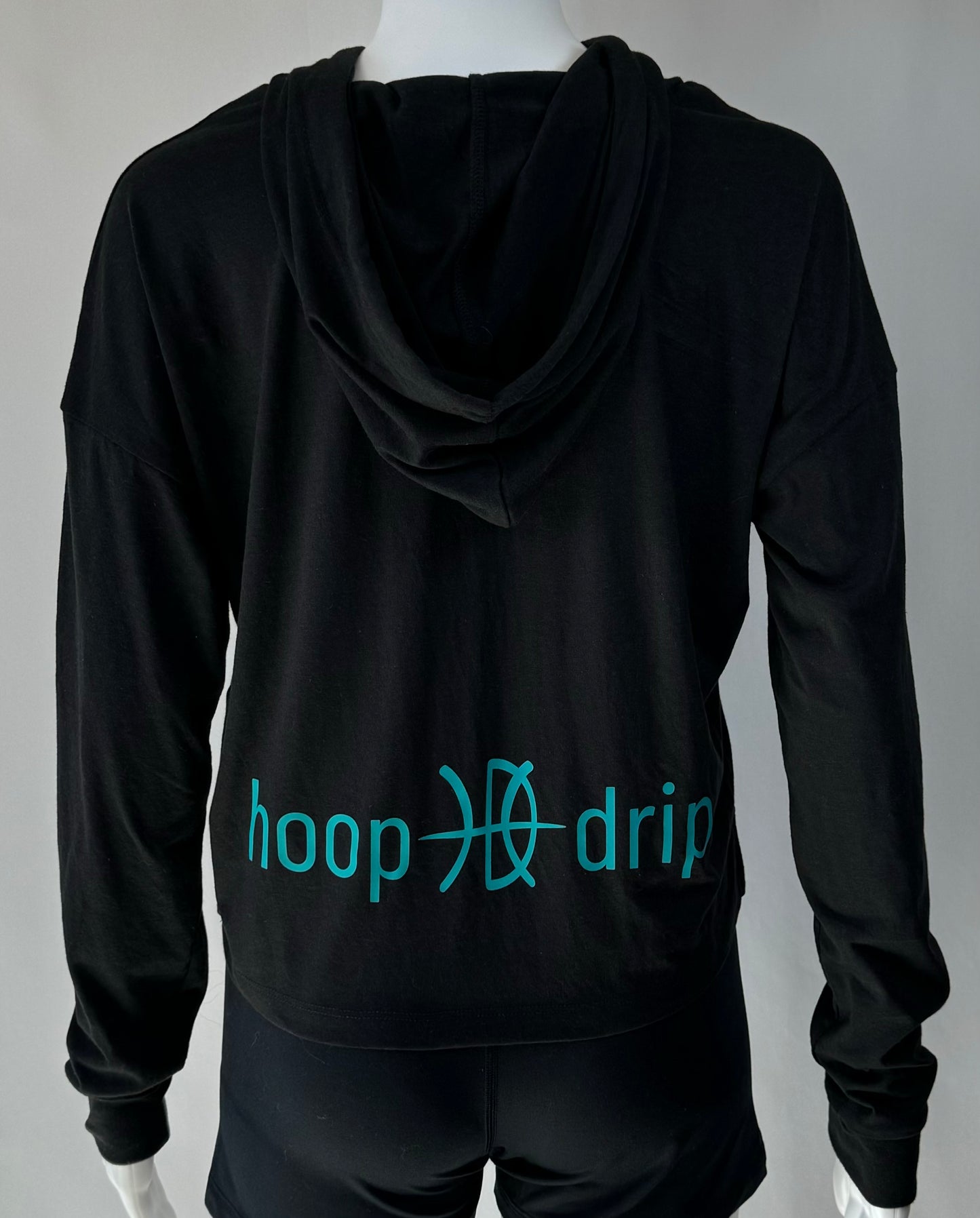 Women's Crop Long Sleeve Black/Teal Hoodie