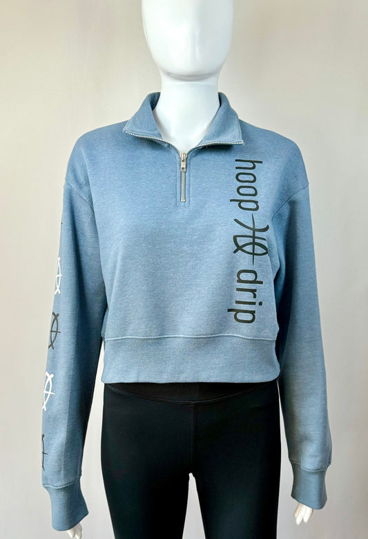 Women's Fleece Heather Blue 1/2 Zip Cropped Sweatshirt